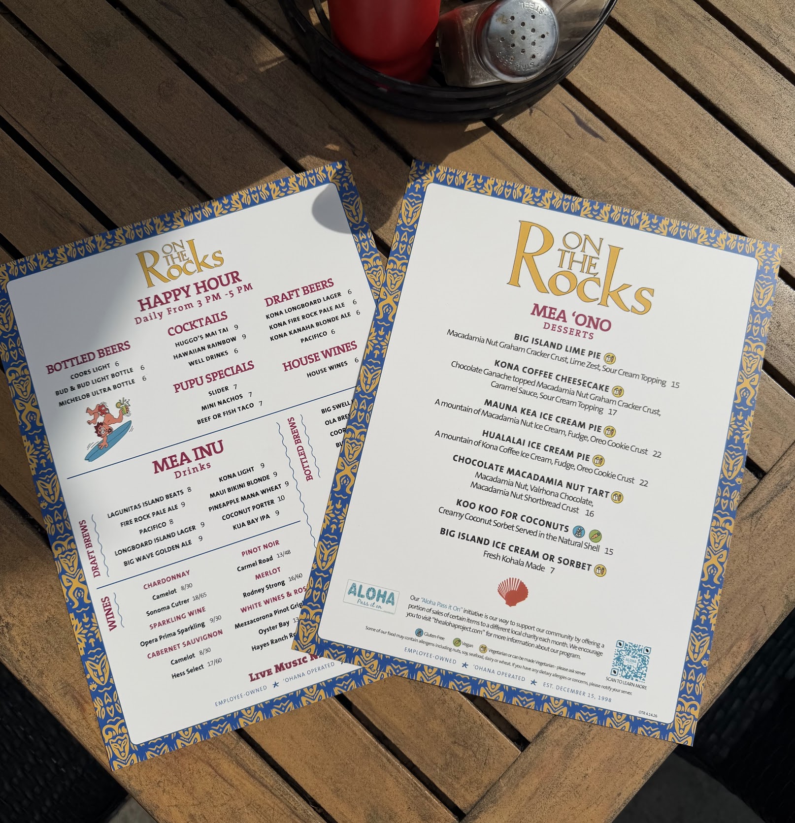 On The Rocks happy hour and desserts menus